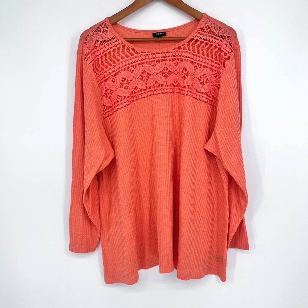 Torrid Waffle Knit Top Womensā 4 Coral Orange Crochet Lace Boho Cottagecore